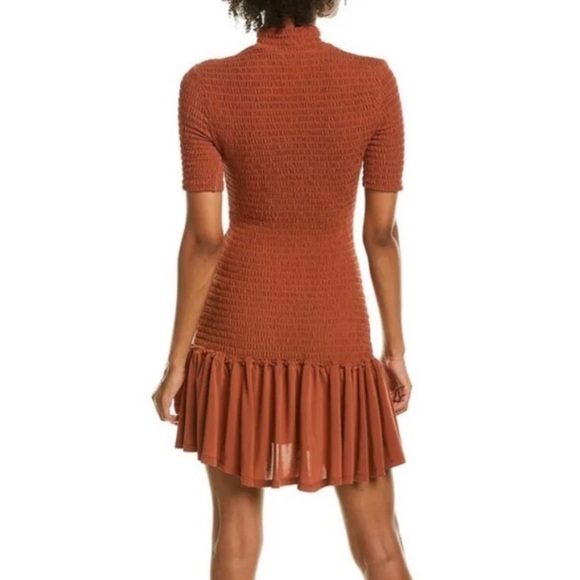A.L.C. Aston Brown Rust Smocked Mini Dress with Ruffle Hem - Picture 2 of 5